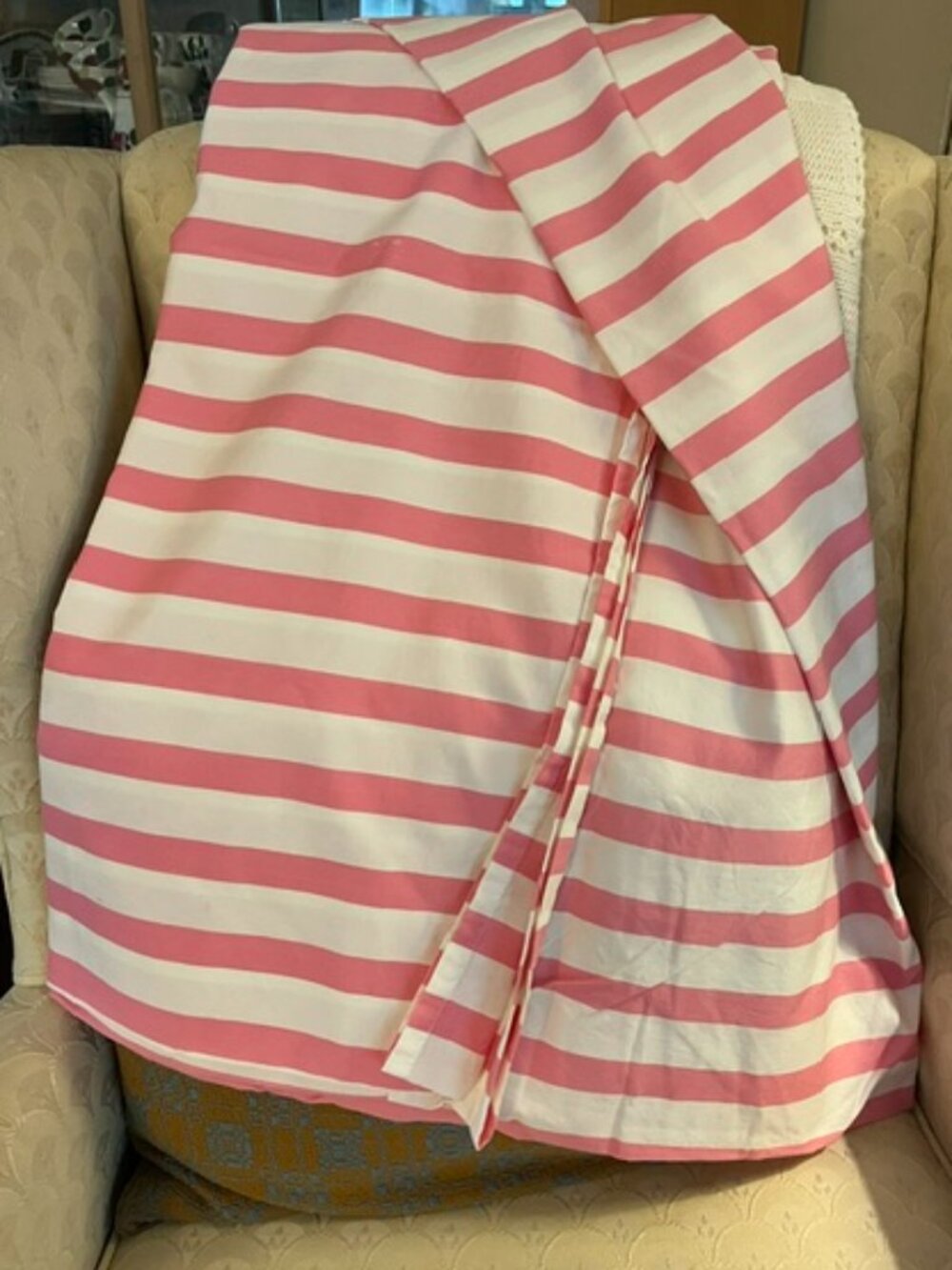 Pink and white cotton shower curtain
